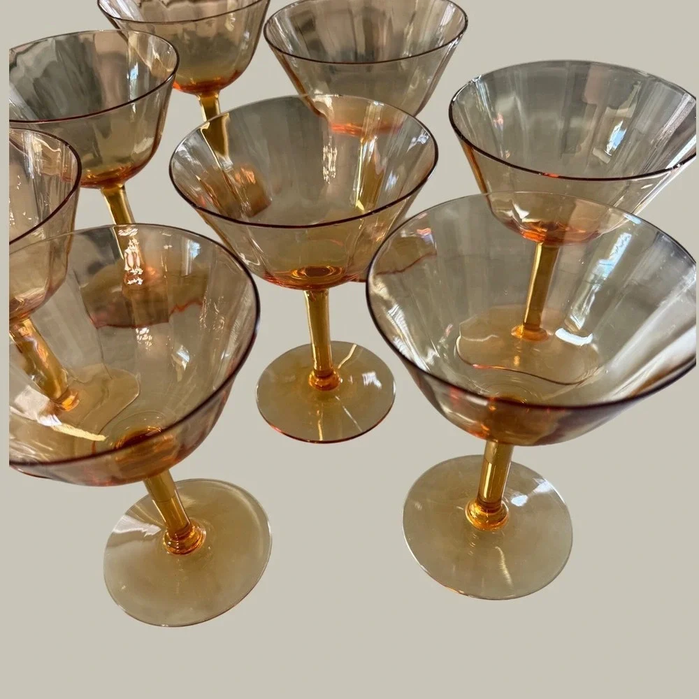 Vintage Amber Glass Champagne Coupes Optic Rib Martini Glasses Set of 8 Decor